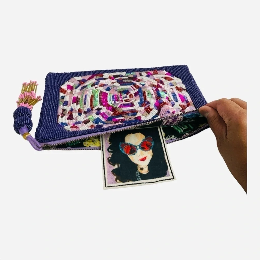 RARE Ashley Longshore Beaded Pouch  “ALWAYS ASK FOR MORE…” -10.5 W x 7.5H